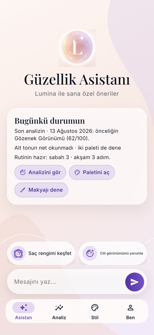 Lumina açılış ekranı: Güzellik Asistanı, bugünkü durumun brifingi ve mesaj kutusu