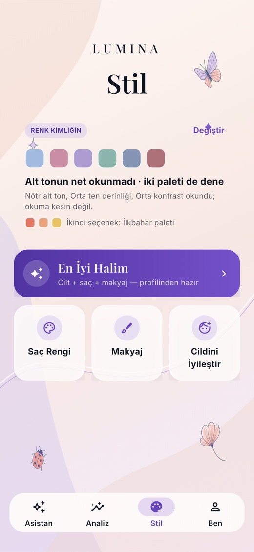 Stil sekmesi: mevsim paletleri, Cesur canlı renkler, saç rengi kartları ve Makyajı Dene düğmesi