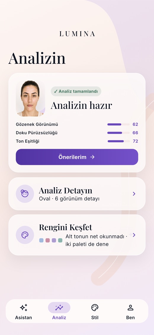 Analiz sekmesi: yüz şekli, cilt okuması ve renk kimliği kartları